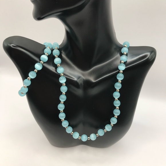Light Blue Glass Cats Eye Bead Necklace & Bracelet Set - Picture 2 of 8